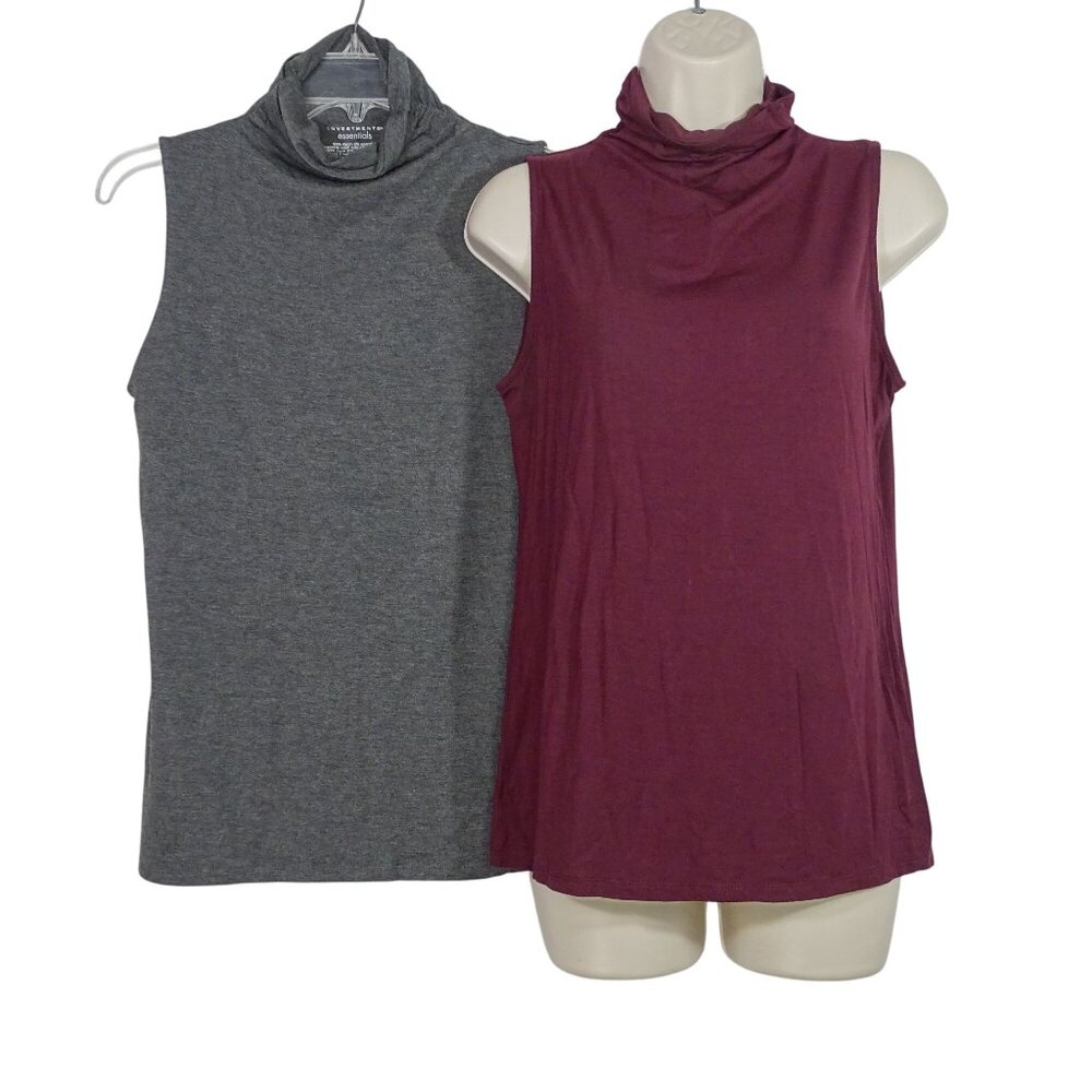 Lot of 2 Investments Essentials Sleeveless Mock Neck Top Women Size S Gray Red